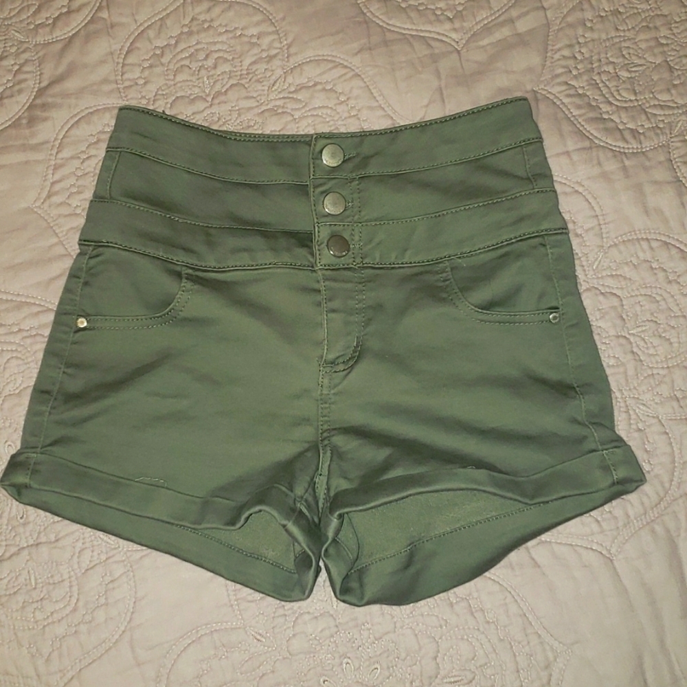 High Waist Moss Green Denim Shorts